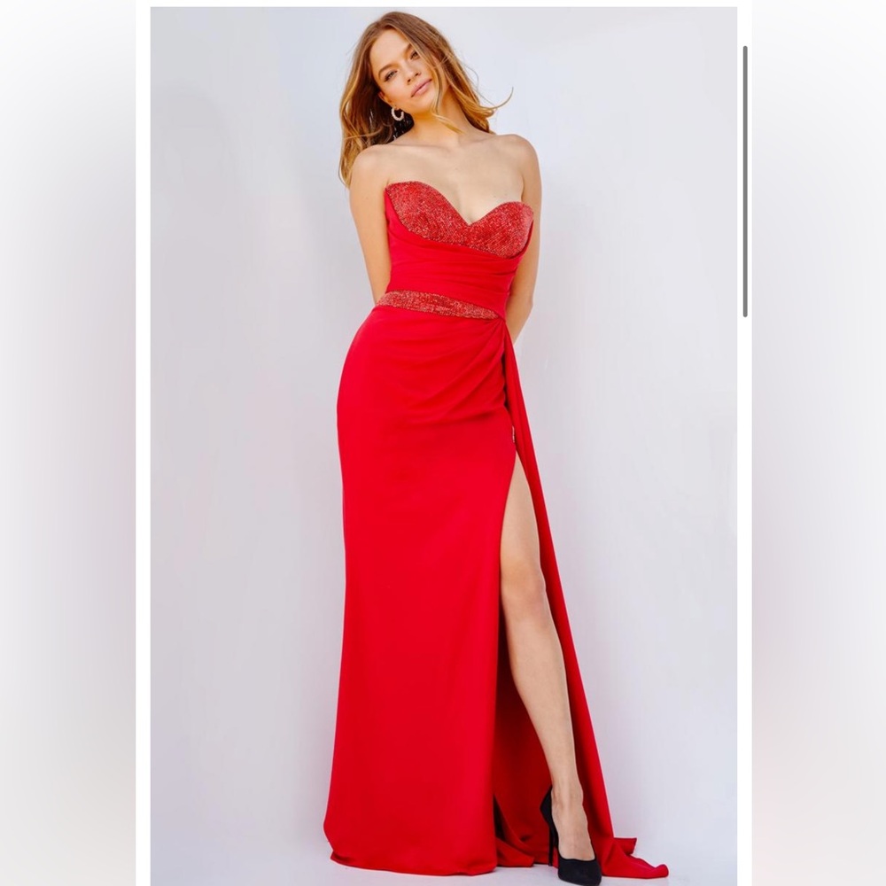 Jovani Strapless Red Maxi Dress